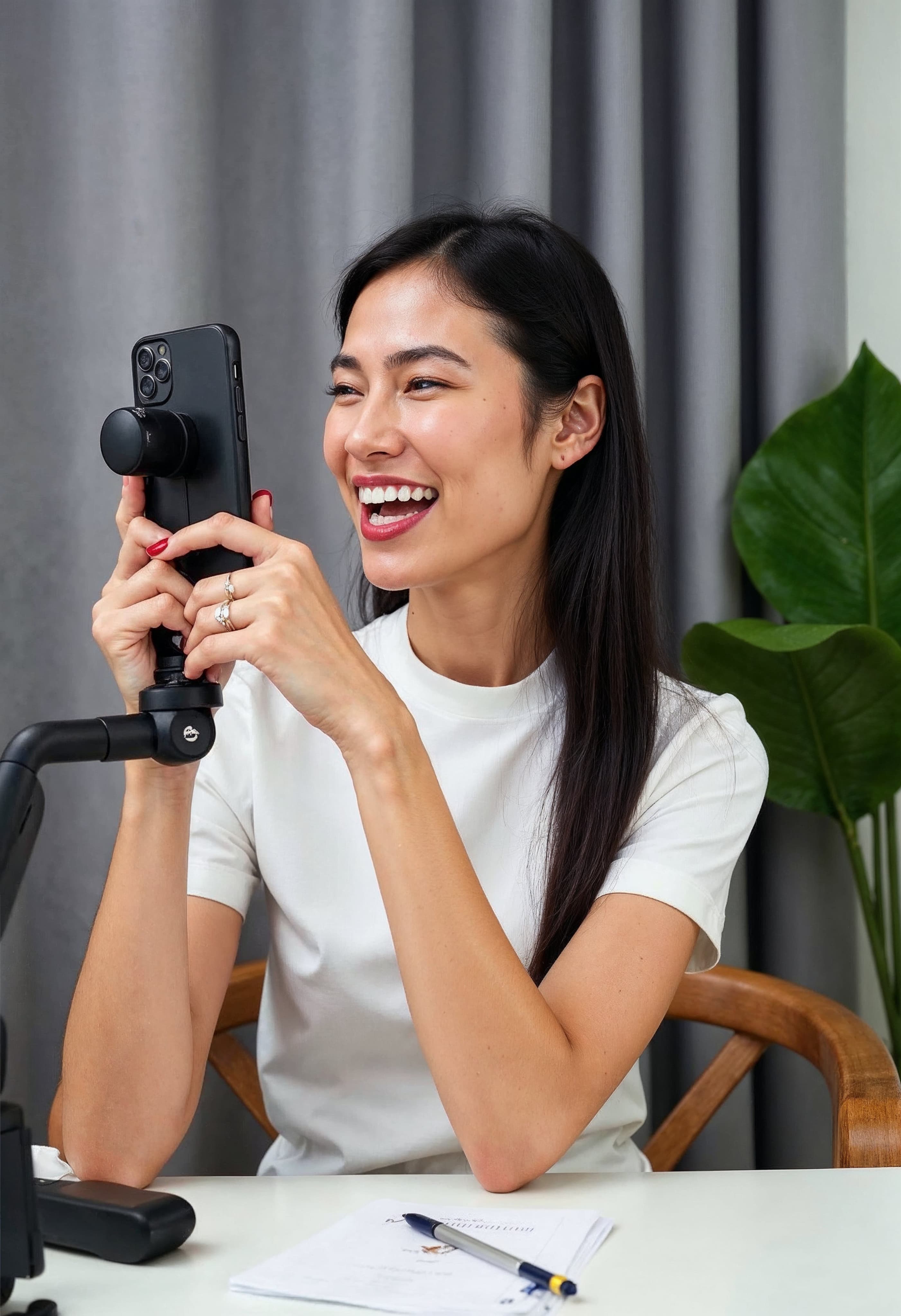 Content creator holding phone and smiling