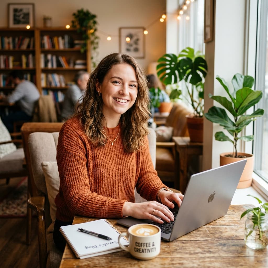 Writer sitting at computer in cafe